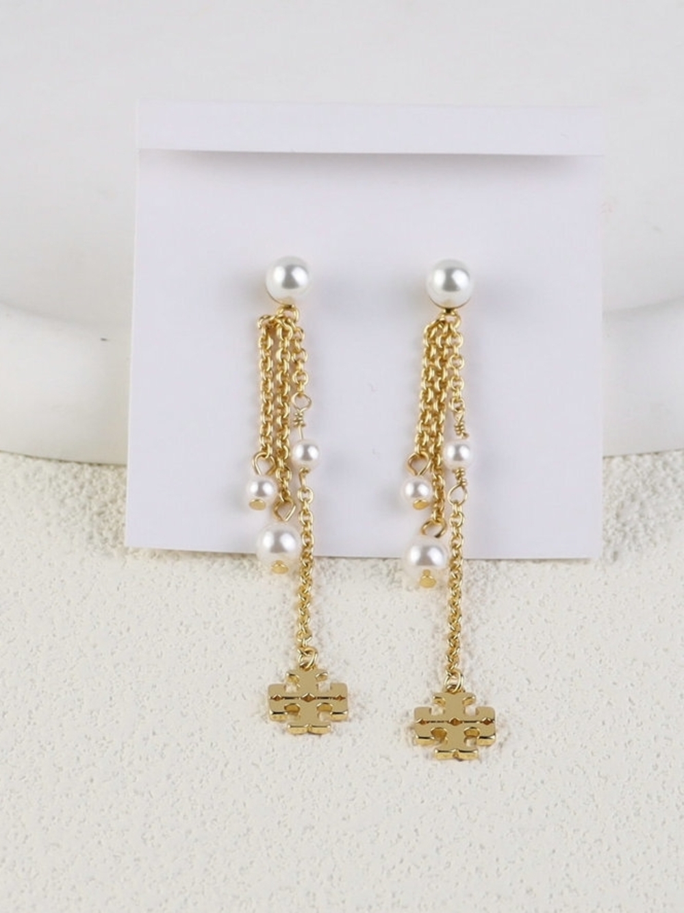 Tory Burch Gold Pearl Chain Drop Logo Earrings
